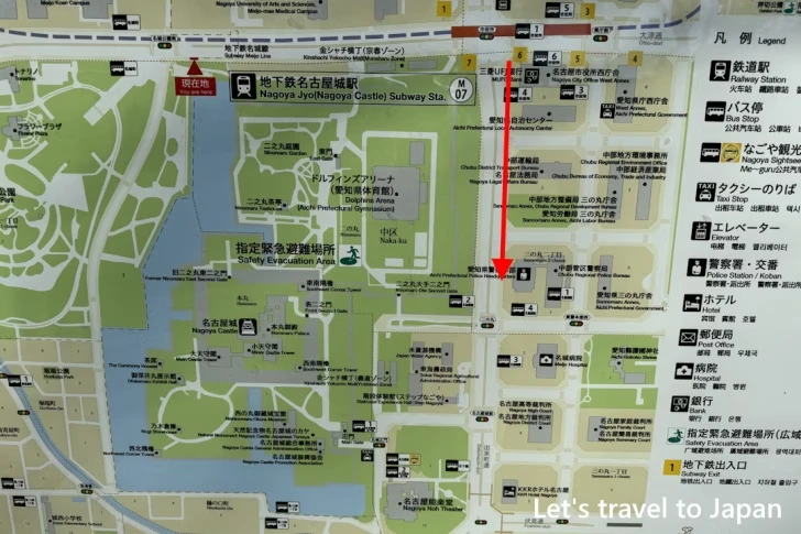 出来町通「市役所」から「二の丸」：名古屋城周辺の路上駐車可能な道路と曜日(1)